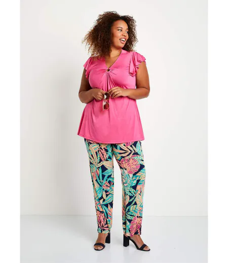 Pantalon large ceinture élastiquée feuillage