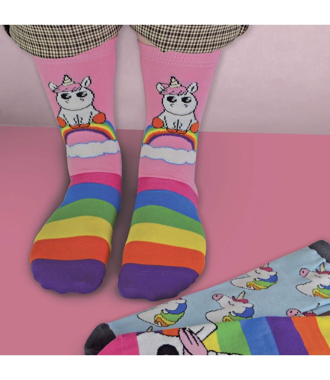 3 Pack Ladies Striped Colourful Novelty Rainbow Unicorn Socks-4