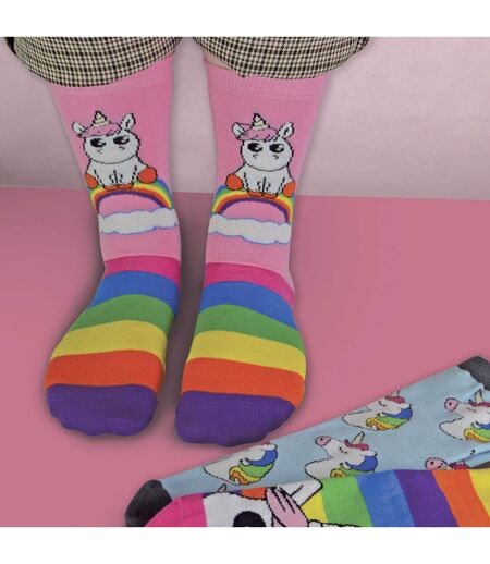 3 Pack Ladies Striped Colourful Novelty Rainbow Unicorn Socks