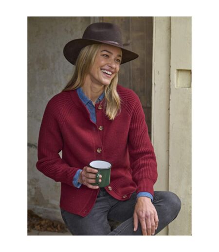 Womens/ladies Ribbed Crew Neck Cardigan Redcurrant WoolOvers