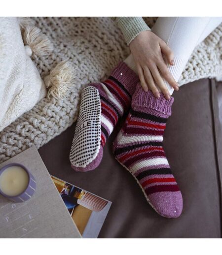 1 Pair Ladies Chunky Fair Isle Moccasin Grip Socks - Warm Winter Slipper Socks