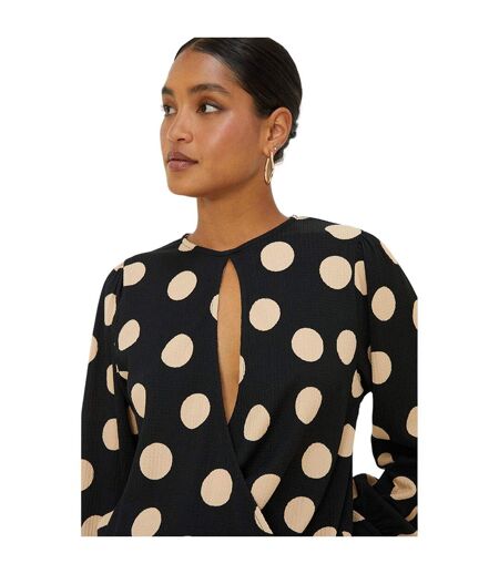 Womens/ladies spotted keyhole long-sleeved top black/cream Dorothy Perkins