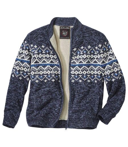 Men’s Blue Full Zip Knitted Jacket with Sherpa Lining