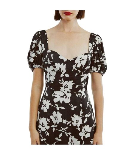 Robe Mi-longue Manches Bouffantes Motif/style Floral Gillian Femme Noir Blanc Bardot