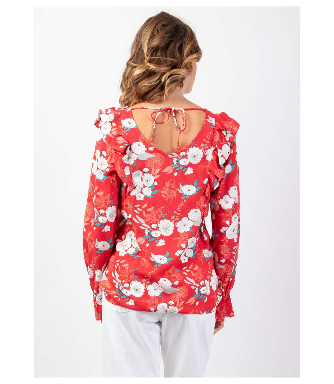 Top manches longues en viscose CASSIOPEE motif fleuri lumineux rouge Coton Du Monde