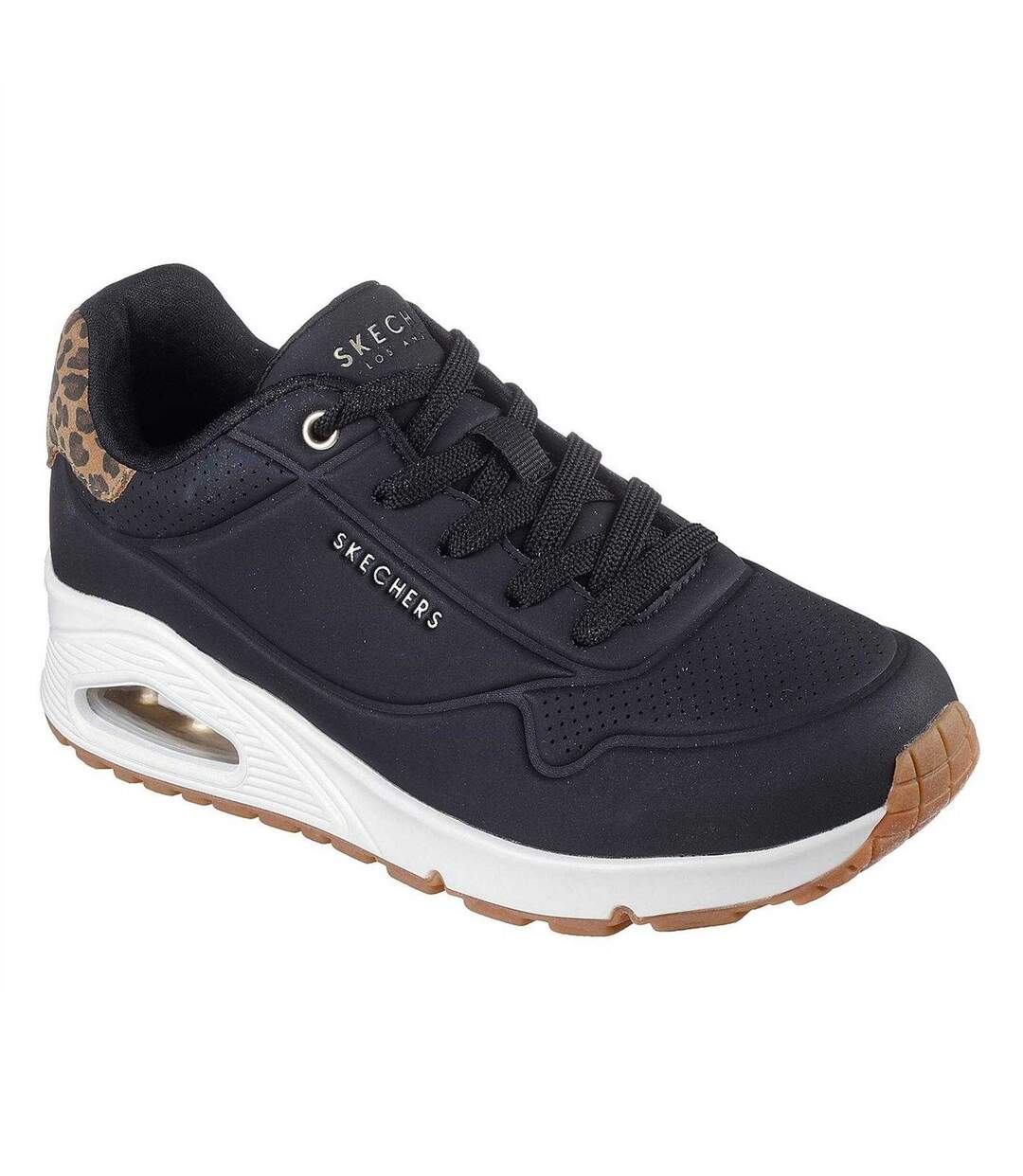 Womens/ladies Uno Stand On Air Leopard Print Trainers Black Skechers-1