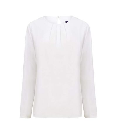 Womens/ladies Yarn Pleat Front Long-sleeved Blouse White Henbury