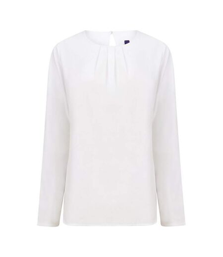 Womens/ladies Yarn Pleat Front Long-sleeved Blouse White Henbury
