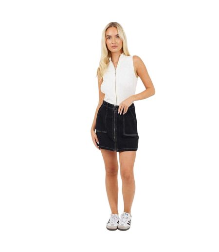 Womens/ladies Denim Full Zip High Waist Mini Skirt Black White Brave Soul