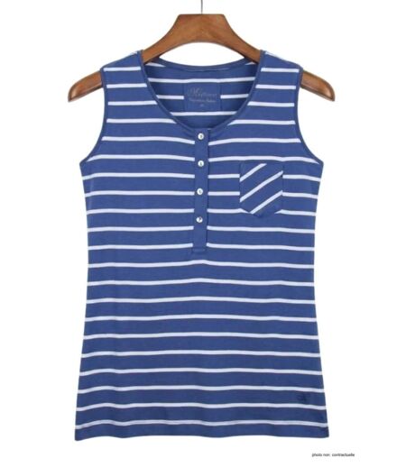 MAYFLOWER EPOQUE3I - Débardeur col boutonné bleu rayé blanc : le confort estival en pur coton