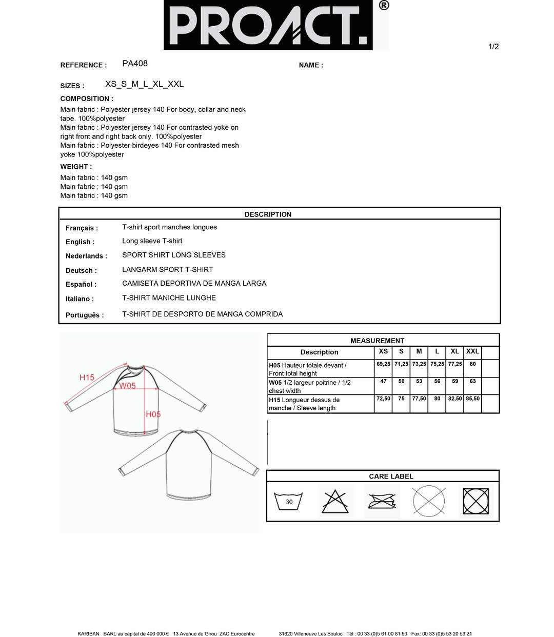 MAILLOT MANCHES LONGUES ADULTE