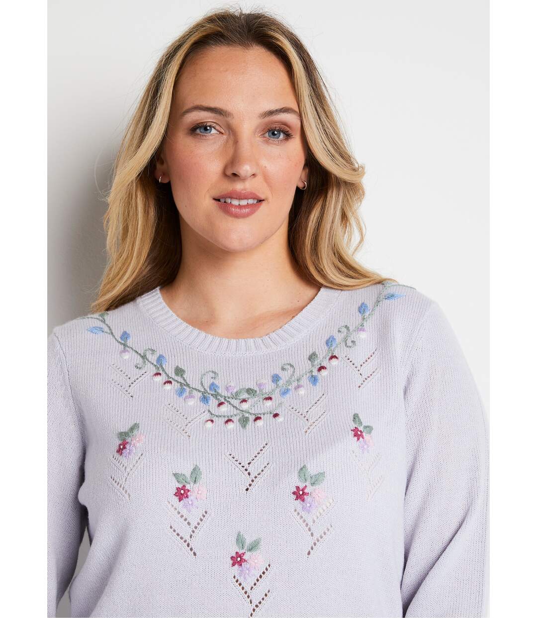 Pull doux uni brodé ajouré col rond-4