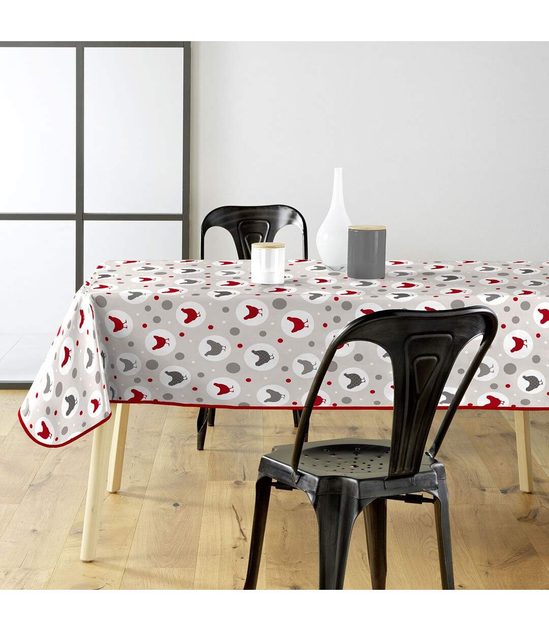 Nappe Toile Cirée Suzette 140x240cm Gris & Rouge-1