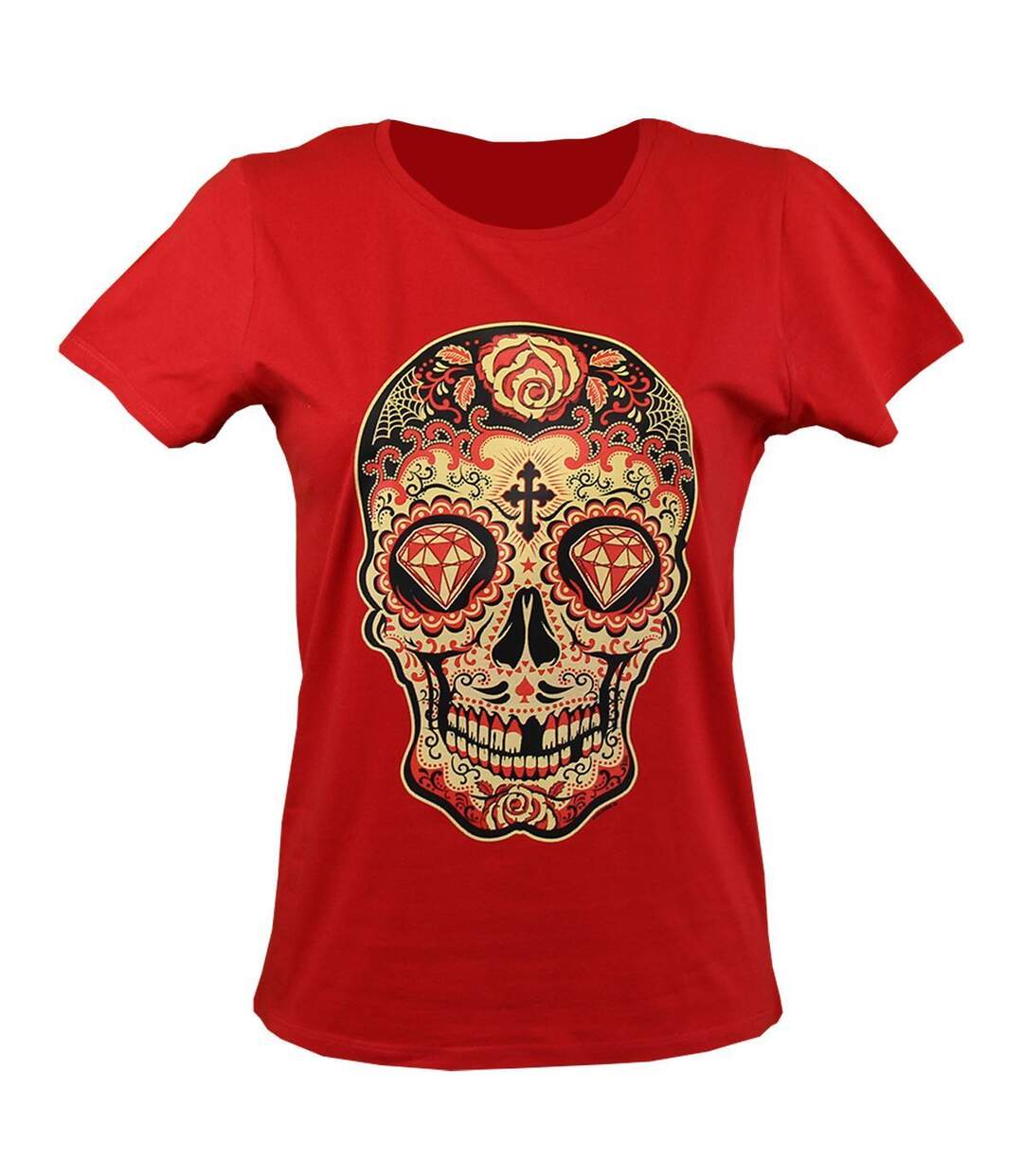 T-shirt femme manches courtes - Tête de mort Yellow Sugar 12168 - rouge