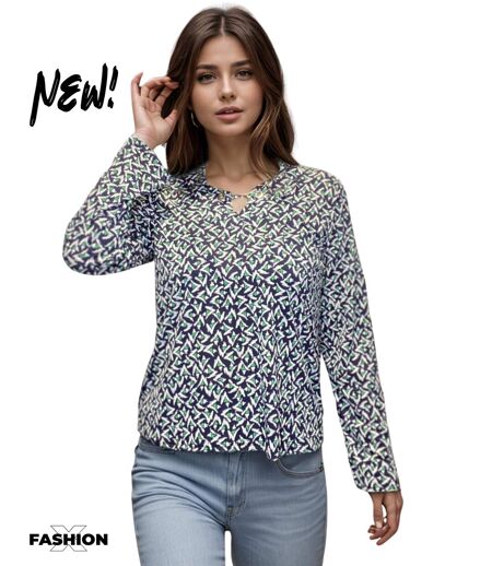 Blouse femme imprimée motifs fleurs manches longues - Col rond - Couleur vert - bleu