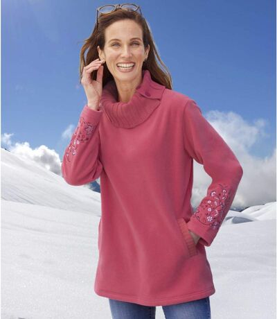 Women's Pink Embroidered Fleece Sweater