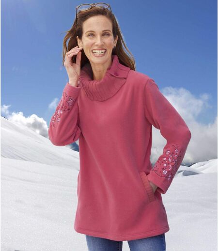 Women's Pink Embroidered Fleece Sweater