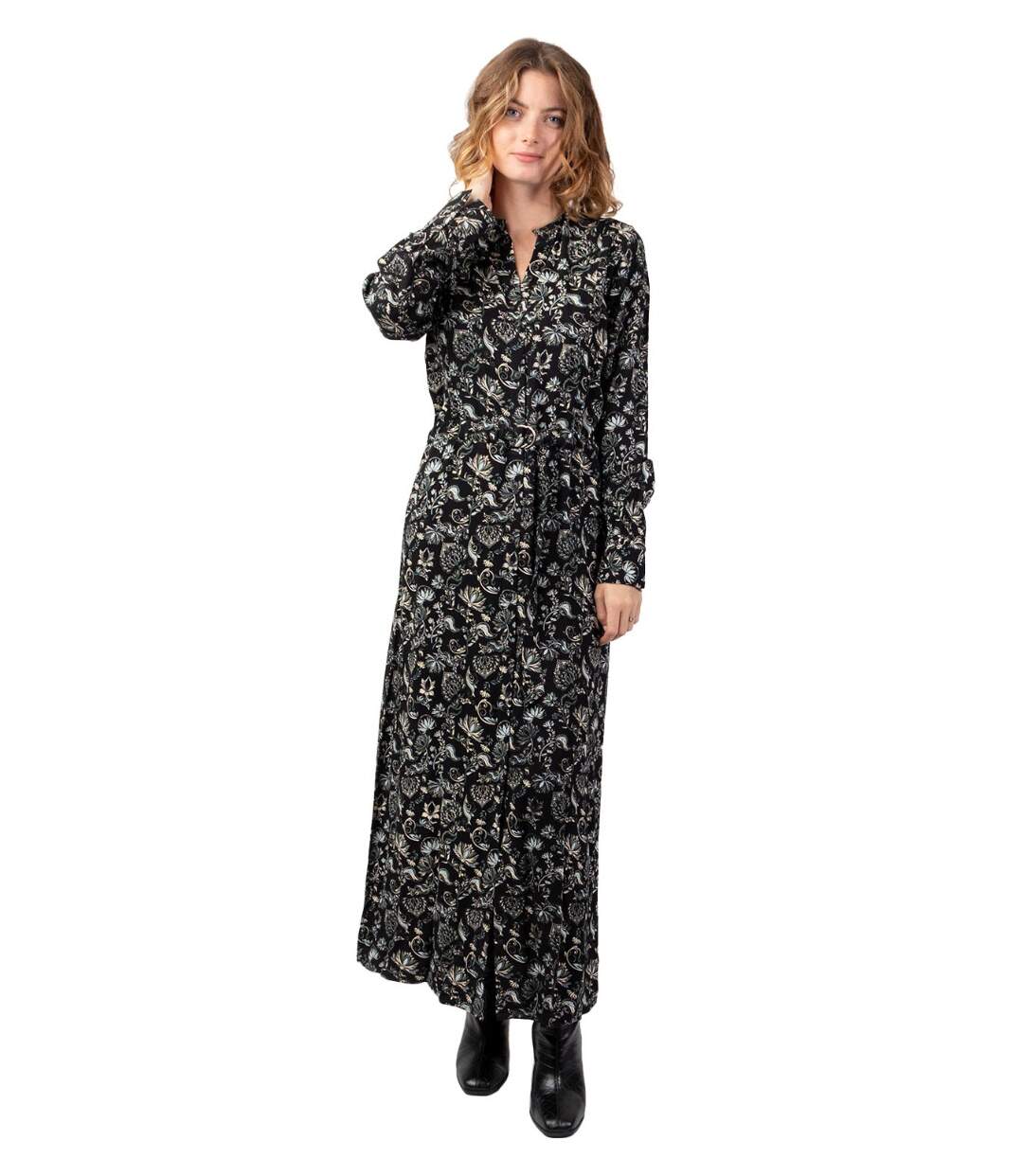 Robe longue chemise hiver motif ethnique LINA noir Coton Du Monde