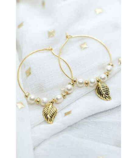 Gold Plated 30mm White Beaded Dangle Leaf Charm DaintyHoop Earring