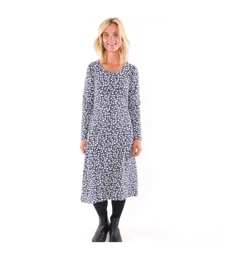 Womens/ladies Buttercups Tie Back Long-sleeved Midi Dress Blue White Lazy Jacks