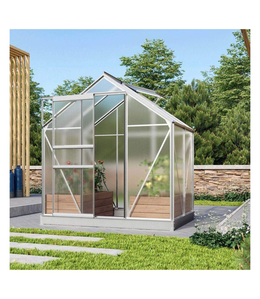 Serre de jardin en polycarbonate 6 mm et aluminium anodisé avec embase Venus Longueur de 131 cm