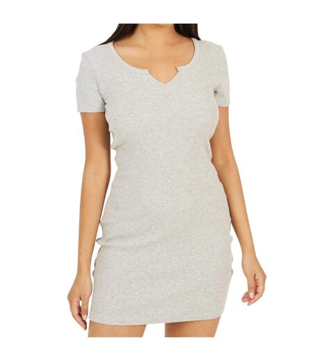 Womens/ladies Ribbed Notch Neck Mini Dress Grey Marl Brave Soul