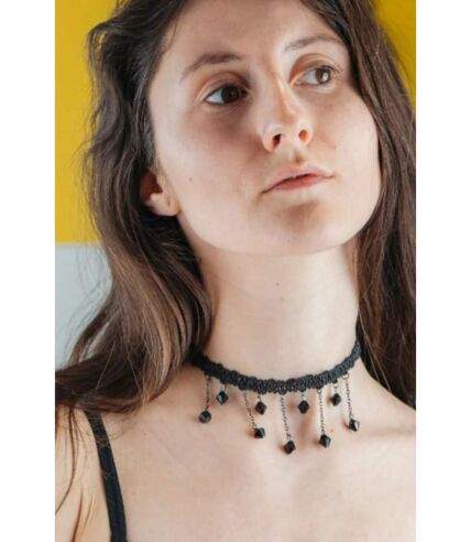 Black Beaded Lace Victorian Gothic Emo Halloween Dangle Choker Necklace