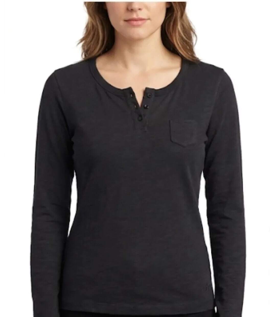 AXONE CHINA1N - Tee-shirt noir manches longues en coton flammé avec col 3 boutons et poche poitrine-1