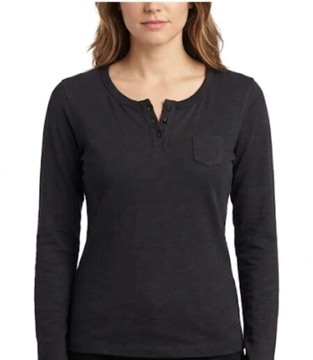 AXONE CHINA1N - Tee-shirt noir manches longues en coton flammé avec col 3 boutons et poche poitrine