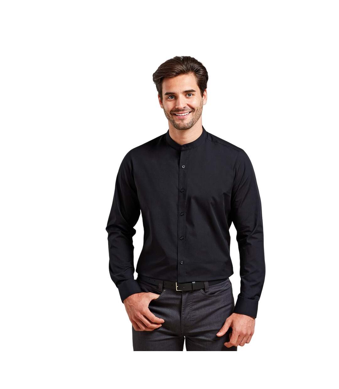 Mens banded collar long-sleeved formal shirt black Premier