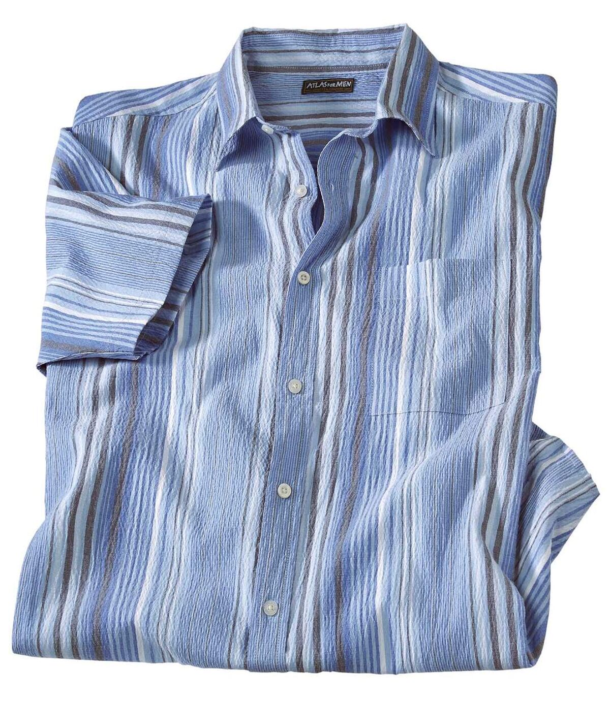Men's Blue Striped Crepe Shirt - Short Sleeves Atlas For Men