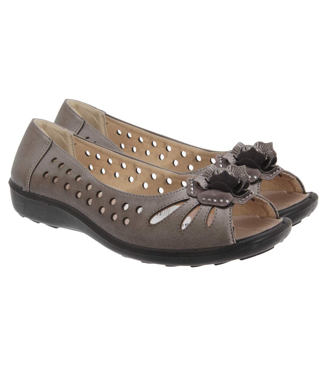 Boulevard Womens/Ladies Punched Open Toe Flower Casual Shoes (Pewter) - UTDF445-2