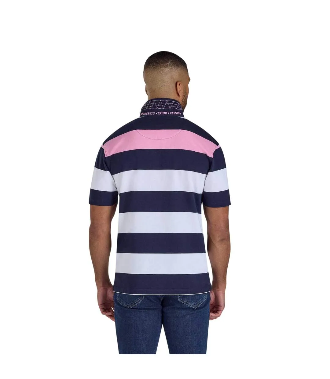 Mens Irregular Stripe Jersey Rugby Polo Shirt Navy White Pink Raging Bull-3