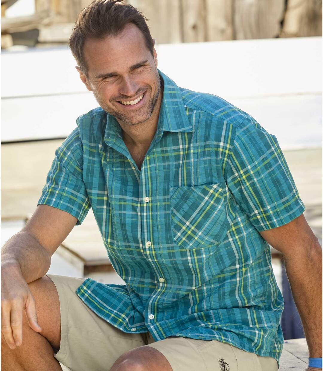 Men's Waffle-Effect Short Sleeve Checked Shirt - Blue Atlas For Men