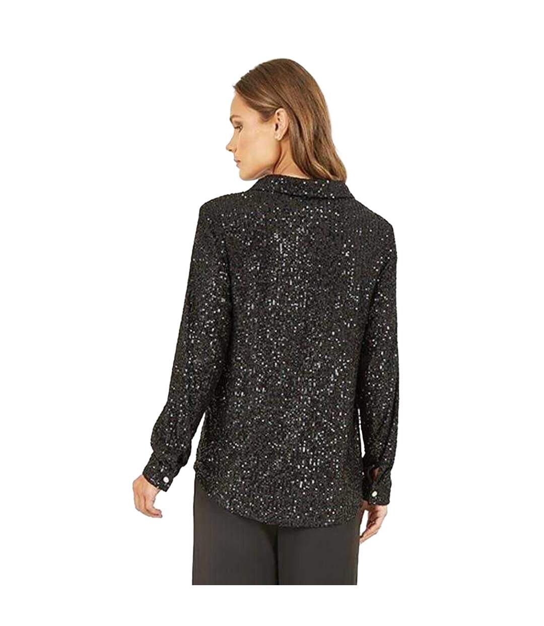 Womens/ladies Sequin Regular Long-sleeved Shirt Black Yumi-3