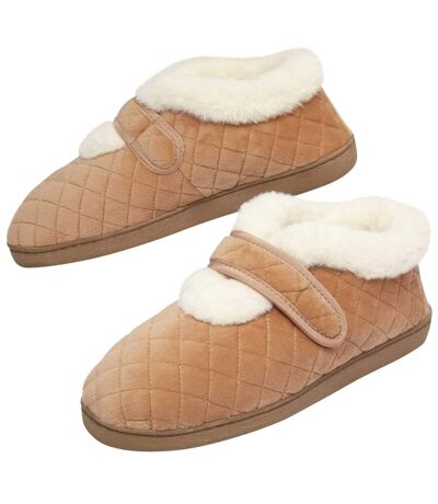 Women's Velour and Faux-Fur Slippers - Camel 