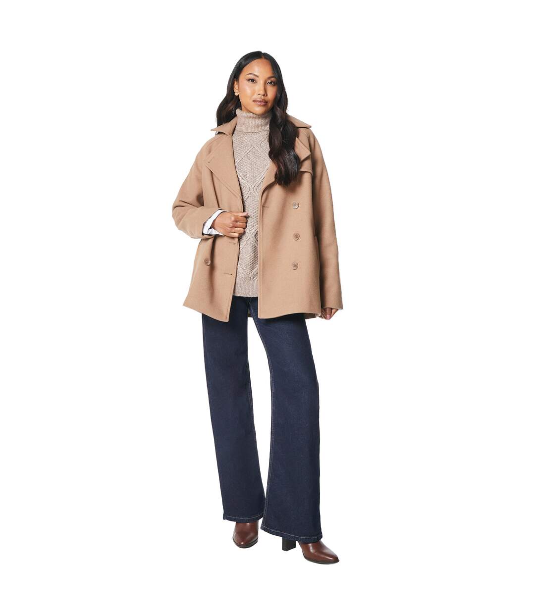 Womens/ladies wool double-breasted short trench coat neutral Principles-3