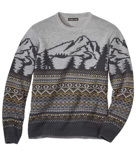 Chandail en tricot jacquard à motif montagne homme - gris