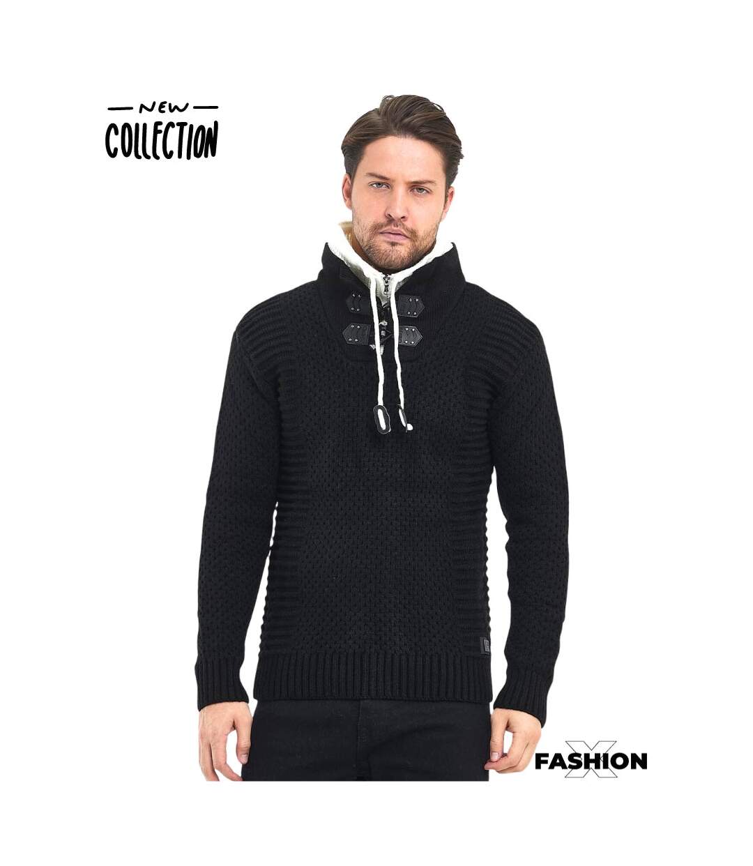 Pull homme manches longues - Col montant contrasté de couleur noir