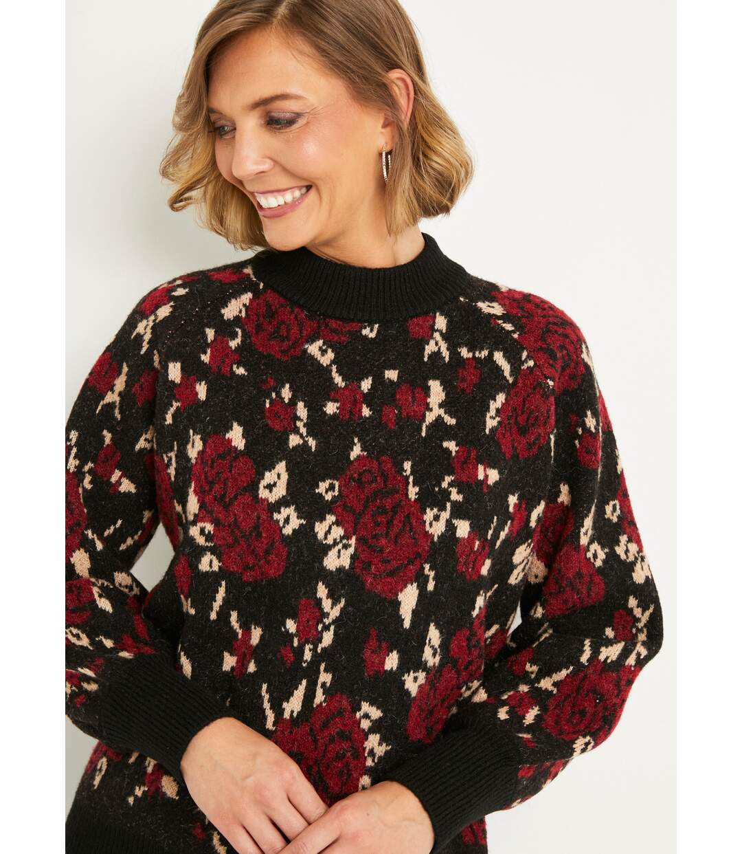 Pull chaud col montant raglan jacquard fleuri-4