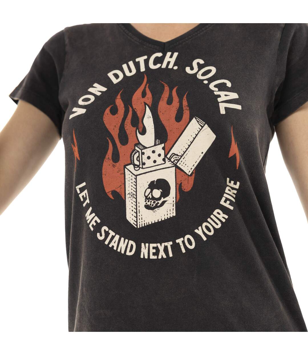 T-shirt femme uni col V avec print devant Fire Vondutch-5