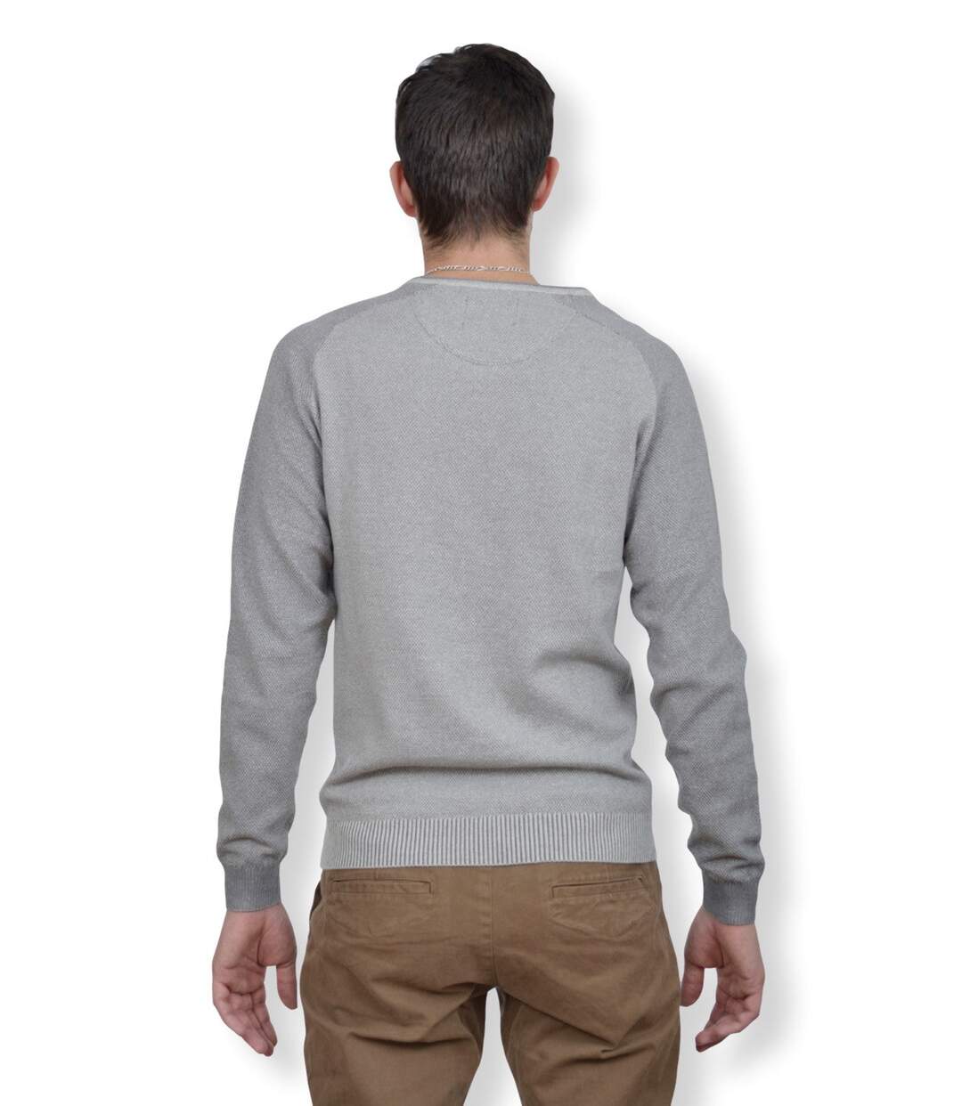 Pull homme manches longues  - Couleur gris - Col en V-2