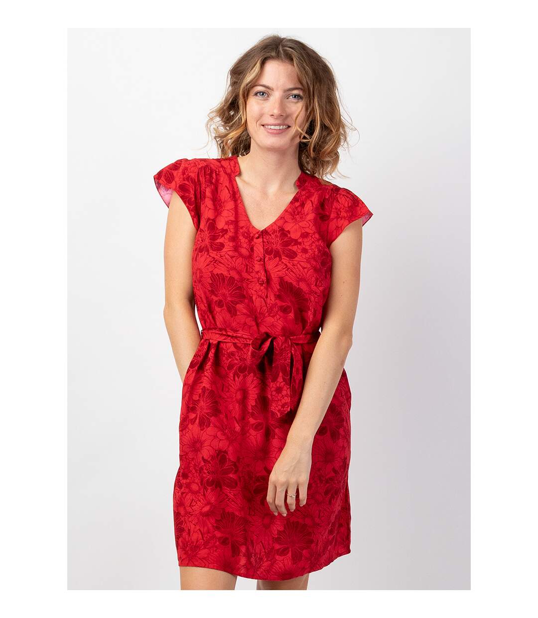 Robe femme casual chic Vera imprimé floral rouge Coton Du Monde