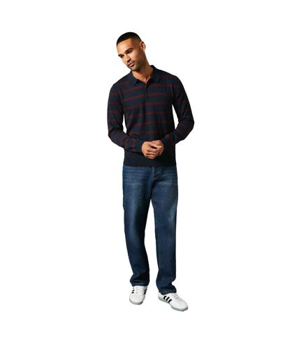 Mens stripe knitted long-sleeved polo shirt navy Maine