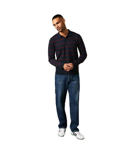 Mens stripe knitted long-sleeved polo shirt navy Maine