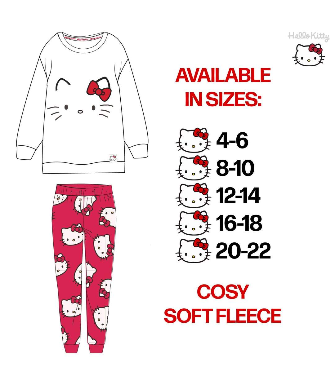Ensemble De Pyjama Long Femme Blanc Rouge Hello Kitty-4