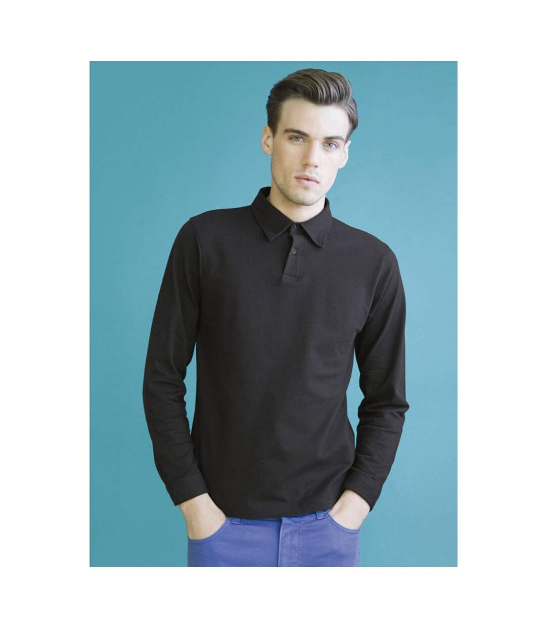 Mens long sleeve stretch polo shirt black Skinni Fit