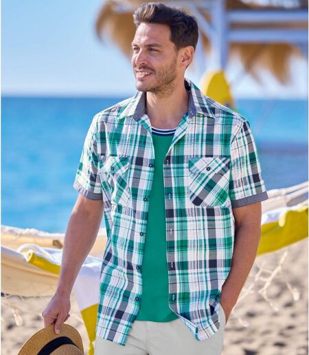 Chemise d'été à carreaux homme - vert marine blanc