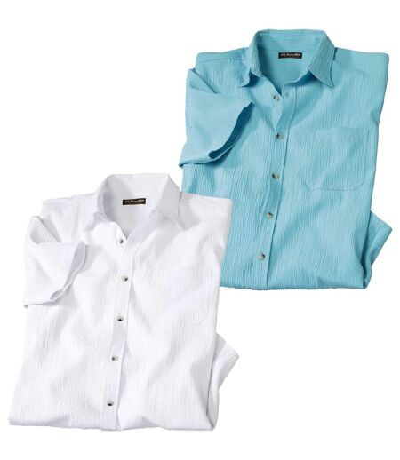 Pack of 2 Men's Crepon Summer Shirts - White Turquoise