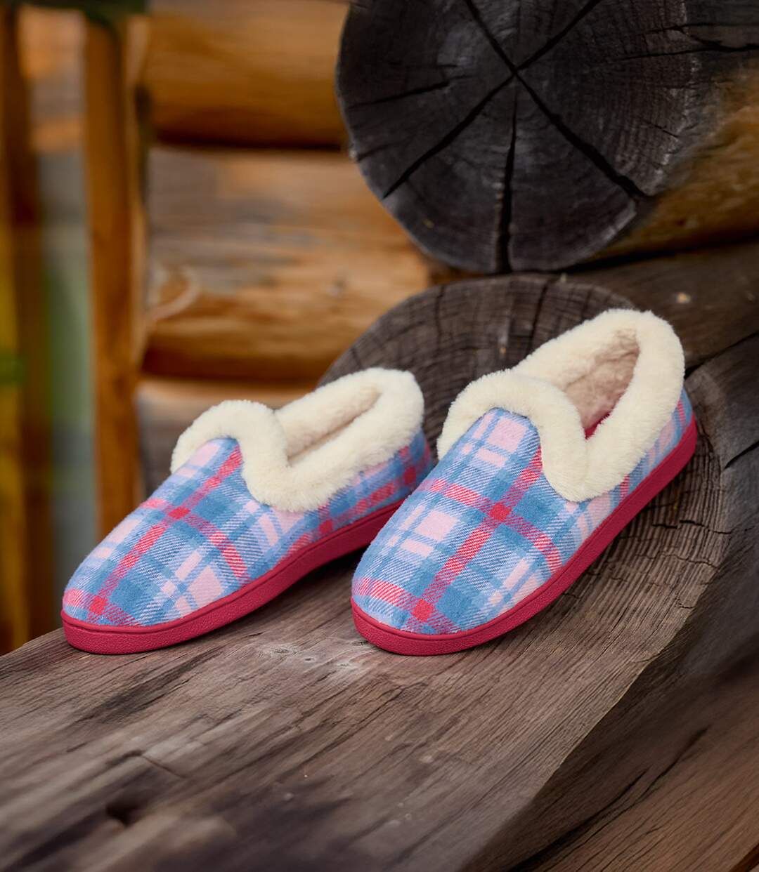 Women's Checked Slippers with Faux-Fur Lining - Pink Blue-5